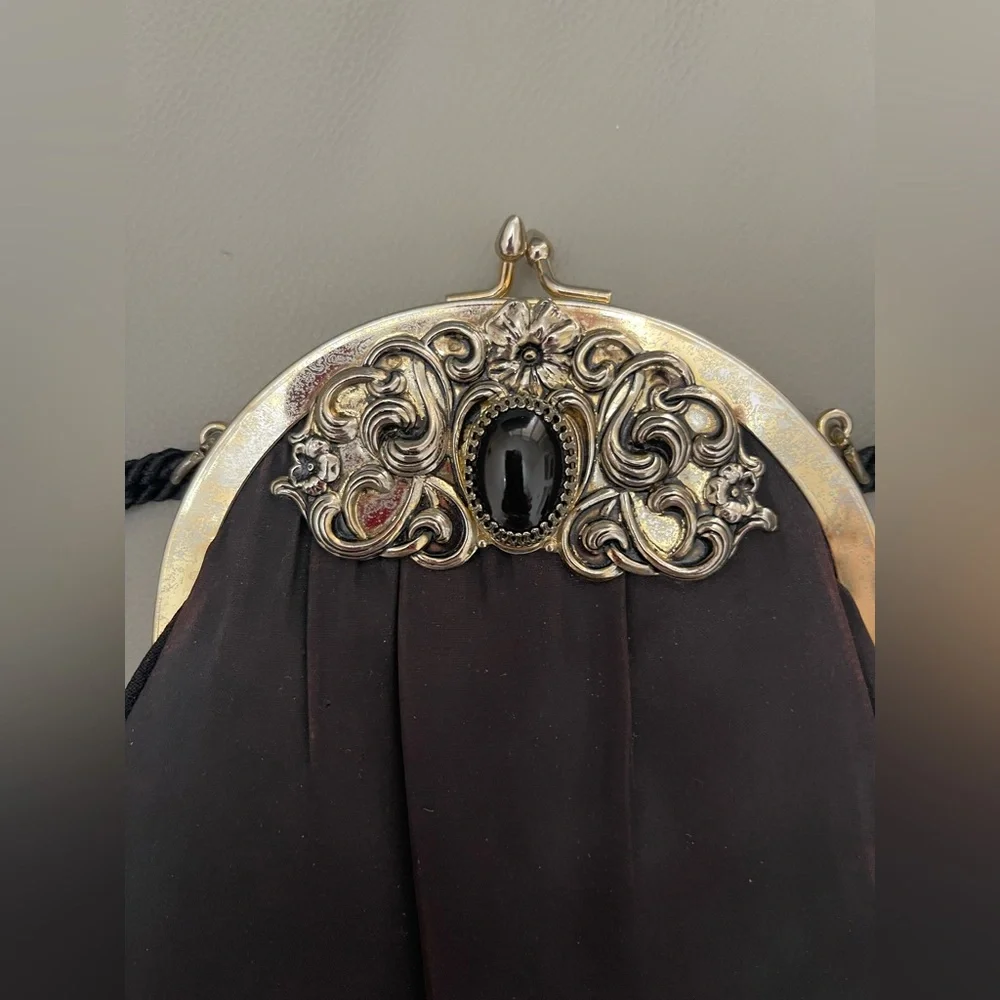 Vintage Victorian-Style, Silky, Kisslock Black Evening Bag